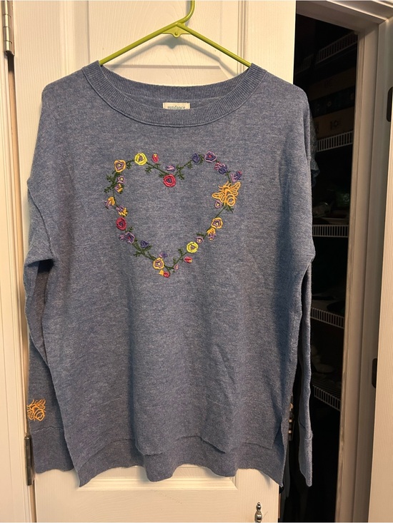 Sundance Sweaters - Sundance Blue Crewneck Sweater with Embroidered Heart Motif